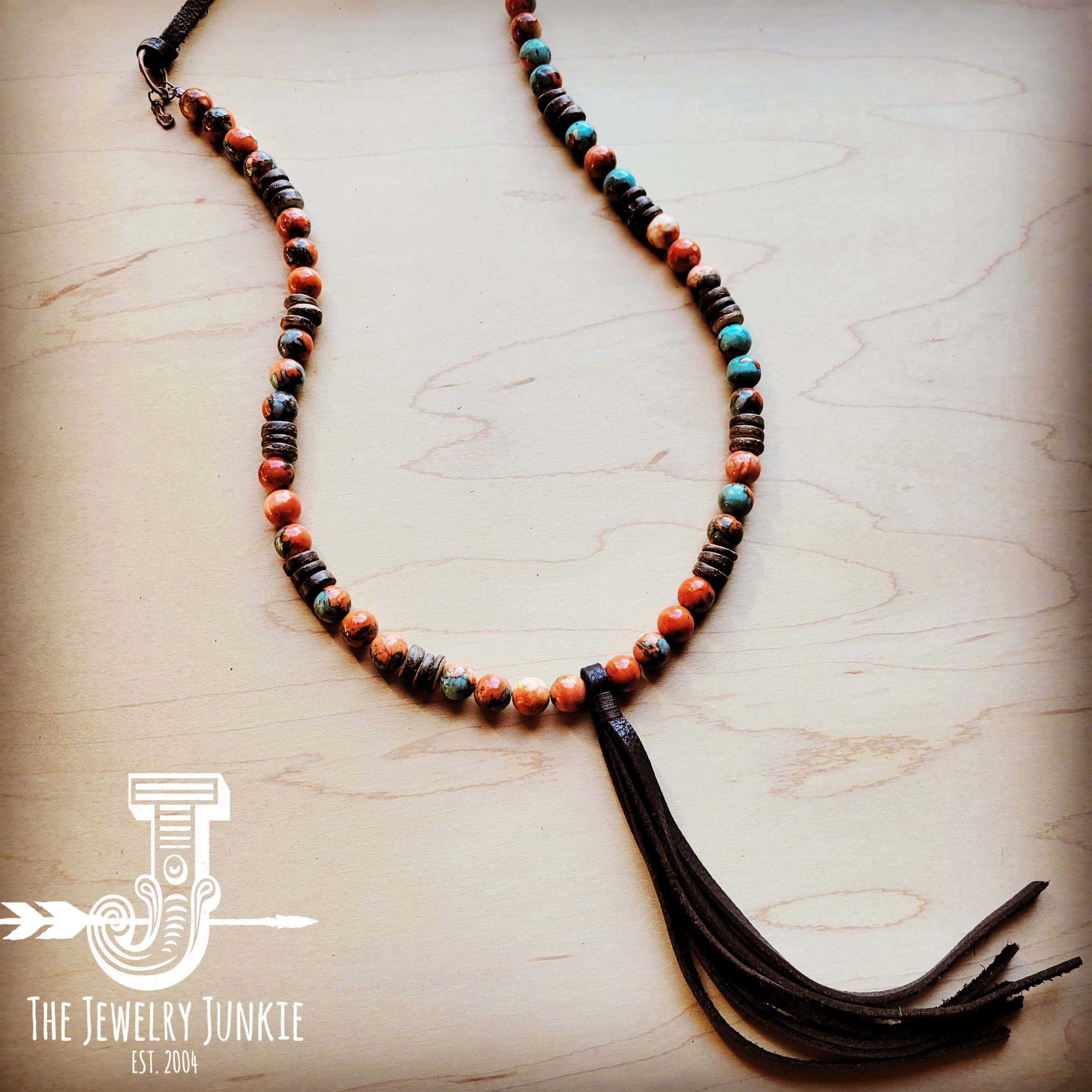 Multi-Colored Turquoise Necklace w/ Wood and Leather Tassel /Stuffology Boutique-Necklaces-The Jewelry Junkie-Stuffology - Where Vintage Meets Modern, A Boutique for Real Women in Crosbyton, TX