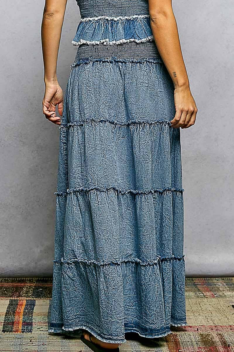 Boho Belle Tiered Denim Maxi Skirt-Skirts-Pol Clothing-Stuffology - Where Vintage Meets Modern, A Boutique for Real Women in Crosbyton, TX