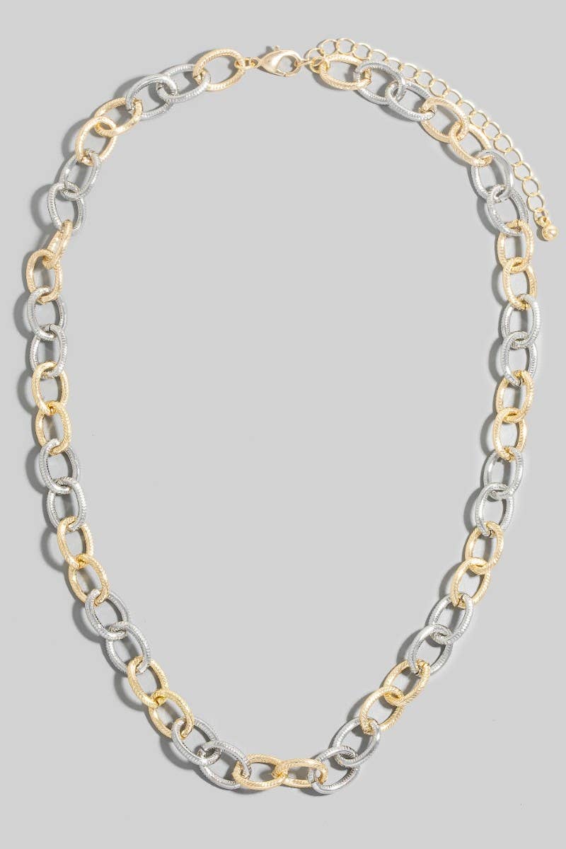 Textured Two Tone Oval Chain Link Necklace-The Looks by Fame Accessories-Stuffology - Where Vintage Meets Modern, A Boutique for Real Women in Crosbyton, TX
