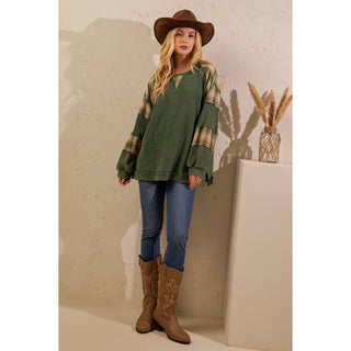 WAFFLE KNIT PATCHWORK PULLOVER-TOP-Sage + Fig-Stuffology - Where Vintage Meets Modern, A Boutique for Real Women in Crosbyton, TX