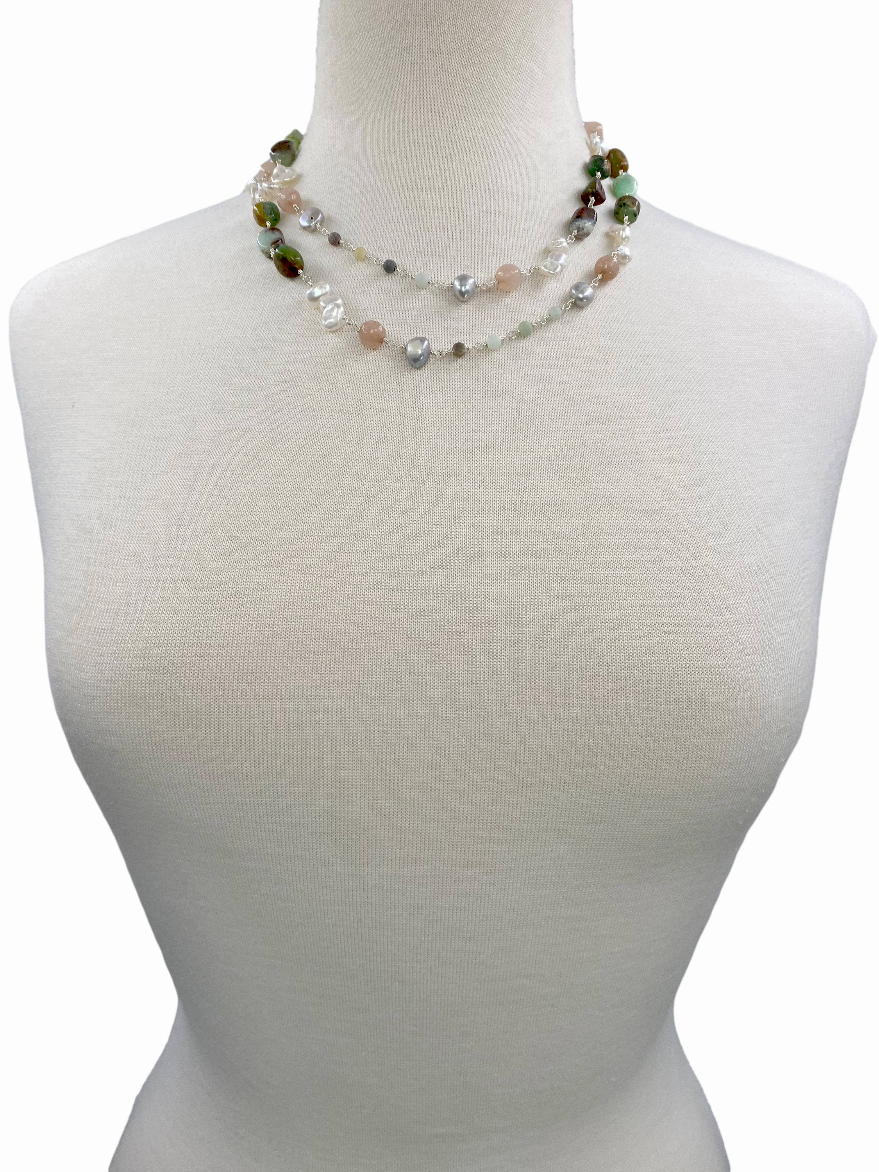 Chrysoprase & Cultured Pearl Long Necklace-Necklaces-IST Jewelry-Stuffology - Where Vintage Meets Modern, A Boutique for Real Women in Crosbyton, TX