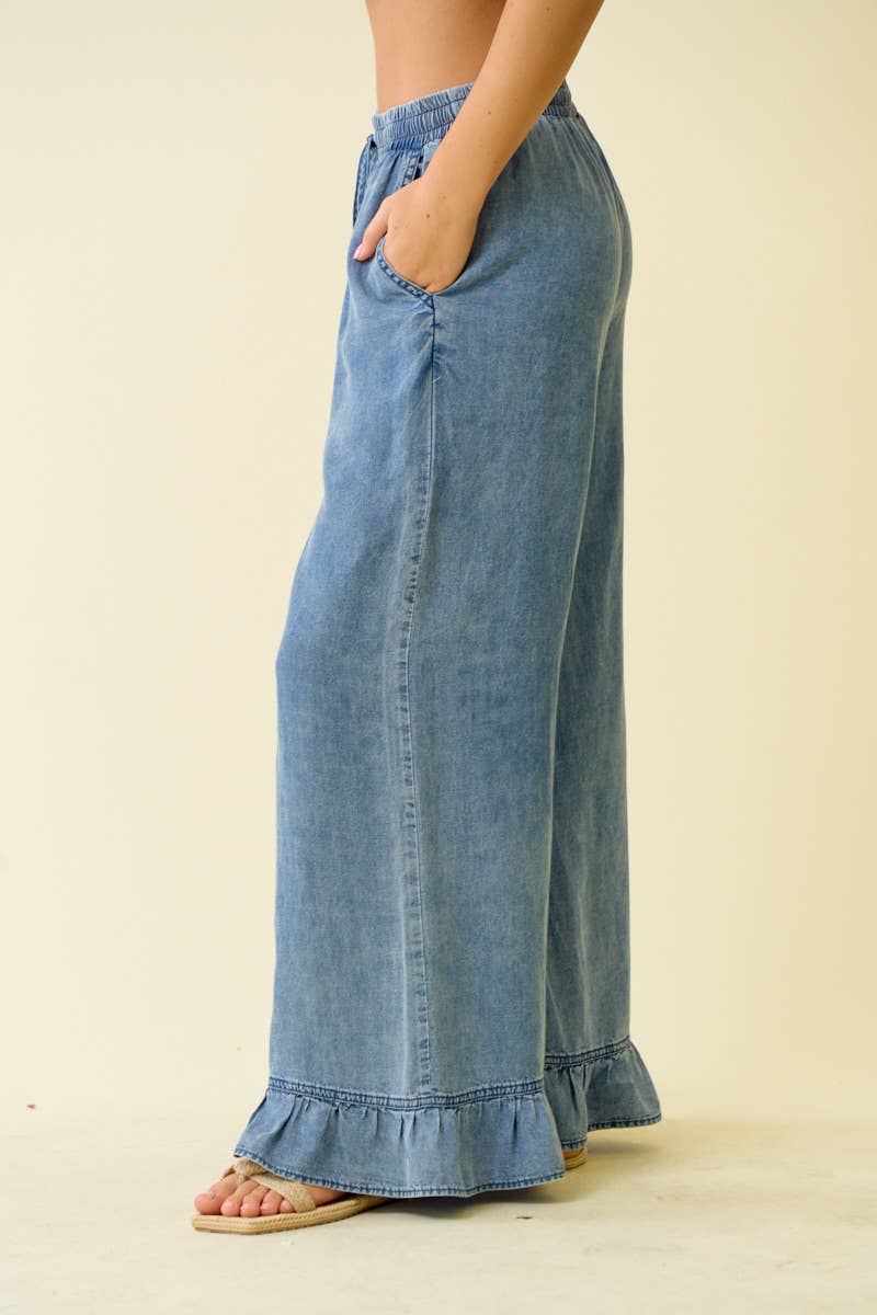 DENIM RUFFLE BOTTOM WIDE LEG PANTS - 8887P-Doe and Rae-Stuffology - Where Vintage Meets Modern, A Boutique for Real Women in Crosbyton, TX