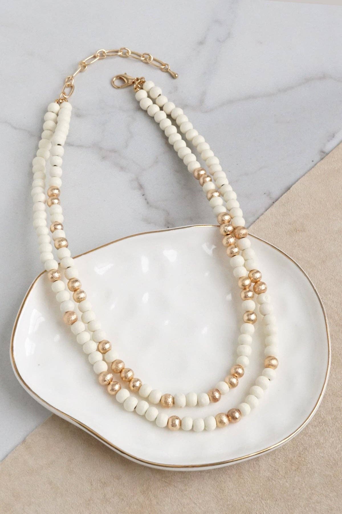 Multi Strand Wooden Beads Short Statement Necklace in Cream and Gold-Necklaces-PennyLine inc-Stuffology - Where Vintage Meets Modern, A Boutique for Real Women in Crosbyton, TX