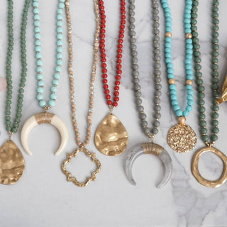 Long Wooden Bead Necklace with Clover Quatrefoil gold pendant - Ivory Cream-Necklaces-PennyLine inc-Stuffology - Where Vintage Meets Modern, A Boutique for Real Women in Crosbyton, TX