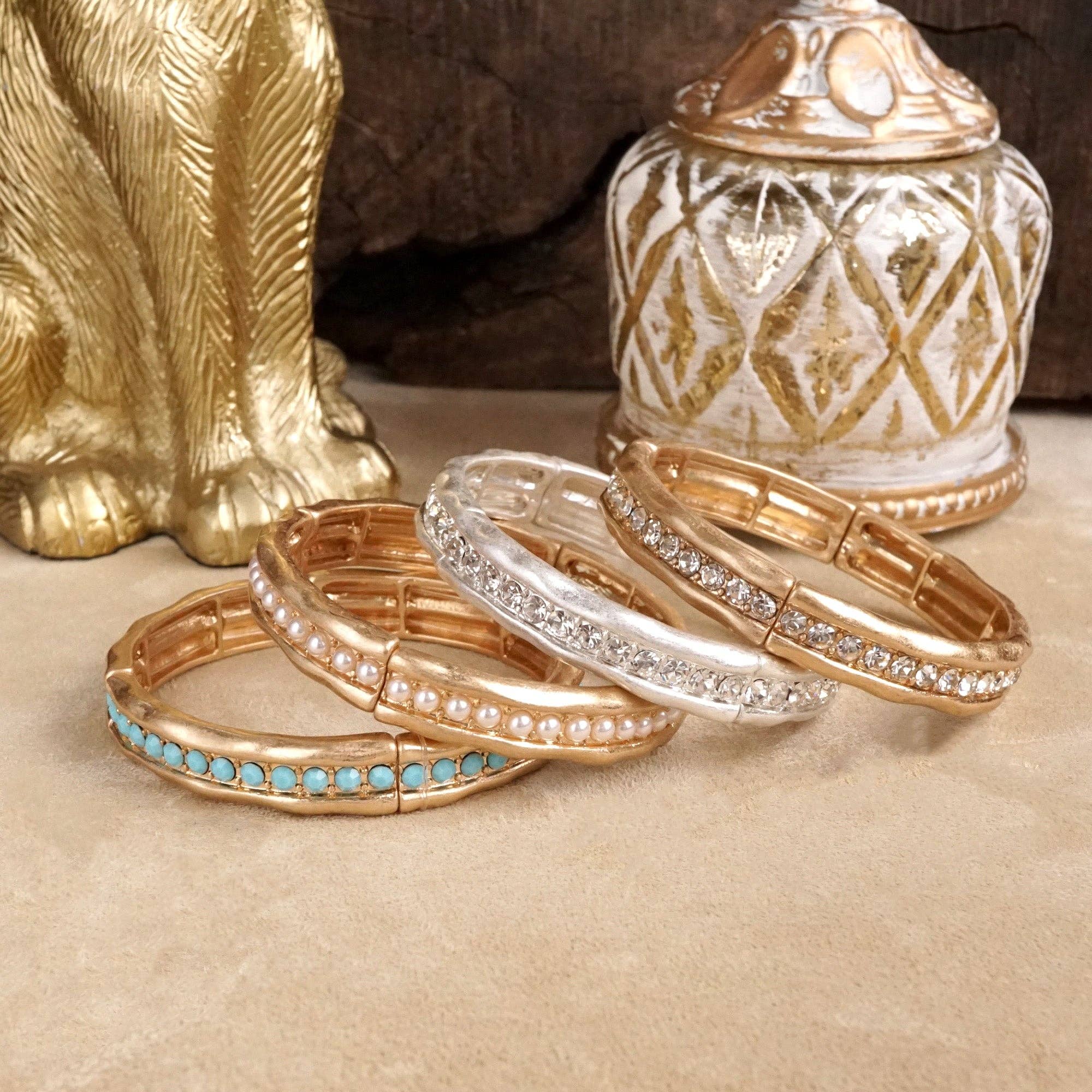 Minimalist TurquoiseCrystal Bangle Bracelet – Brushed Gold-PennyLine inc-Stuffology - Where Vintage Meets Modern, A Boutique for Real Women in Crosbyton, TX