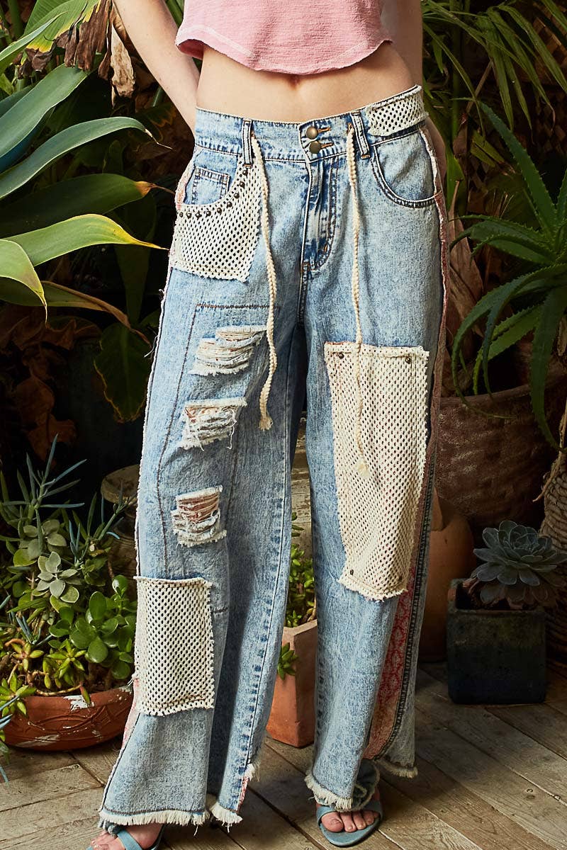 POL Clothing Stud Detail Patchwork Denim Pants-Jeans-Pol Clothing-Stuffology - Where Vintage Meets Modern, A Boutique for Real Women in Crosbyton, TX