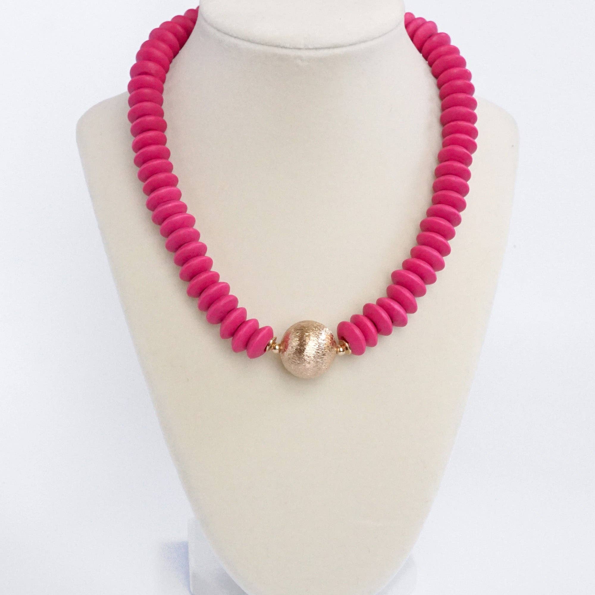 Wood Saucer Beads Short Statement Necklace Gold center Hot Pink Beige Turquoise-Necklaces-PennyLine inc-Stuffology - Where Vintage Meets Modern, A Boutique for Real Women in Crosbyton, TX
