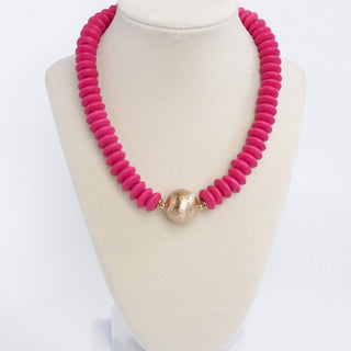Wood Saucer Beads Short Statement Necklace Gold center Hot Pink Beige Turquoise-Necklaces-PennyLine inc-Stuffology - Where Vintage Meets Modern, A Boutique for Real Women in Crosbyton, TX
