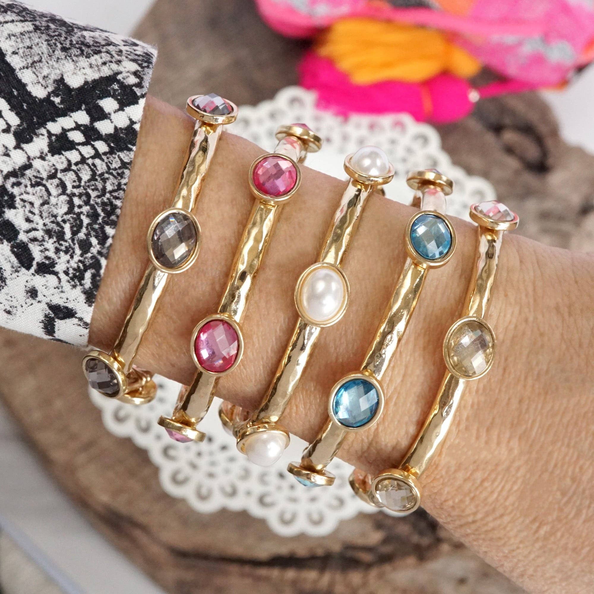 Jeweled Golden Bangle - with Faceted glass oval colorful jewels-Bracelets-PennyLine inc-Stuffology - Where Vintage Meets Modern, A Boutique for Real Women in Crosbyton, TX