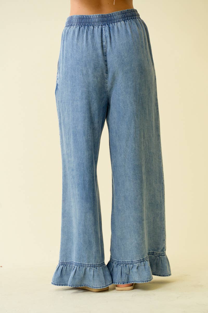 DENIM RUFFLE BOTTOM WIDE LEG PANTS - 8887P-Doe and Rae-Stuffology - Where Vintage Meets Modern, A Boutique for Real Women in Crosbyton, TX