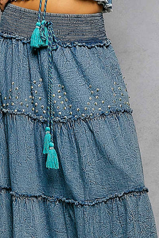 Boho Belle Tiered Denim Maxi Skirt-Skirts-Pol Clothing-Stuffology - Where Vintage Meets Modern, A Boutique for Real Women in Crosbyton, TX