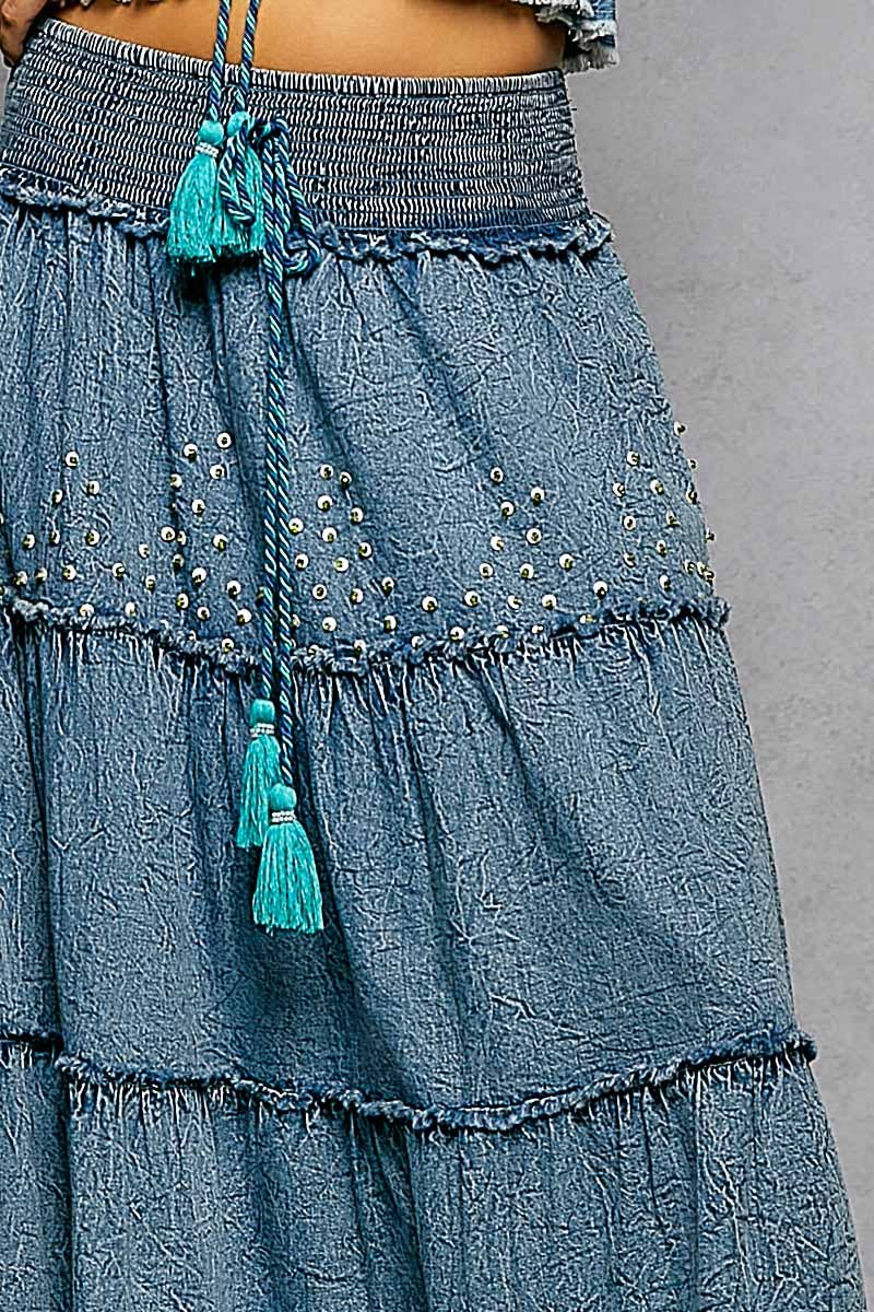 Boho Belle Tiered Denim Maxi Skirt-Skirts-Pol Clothing-Stuffology - Where Vintage Meets Modern, A Boutique for Real Women in Crosbyton, TX