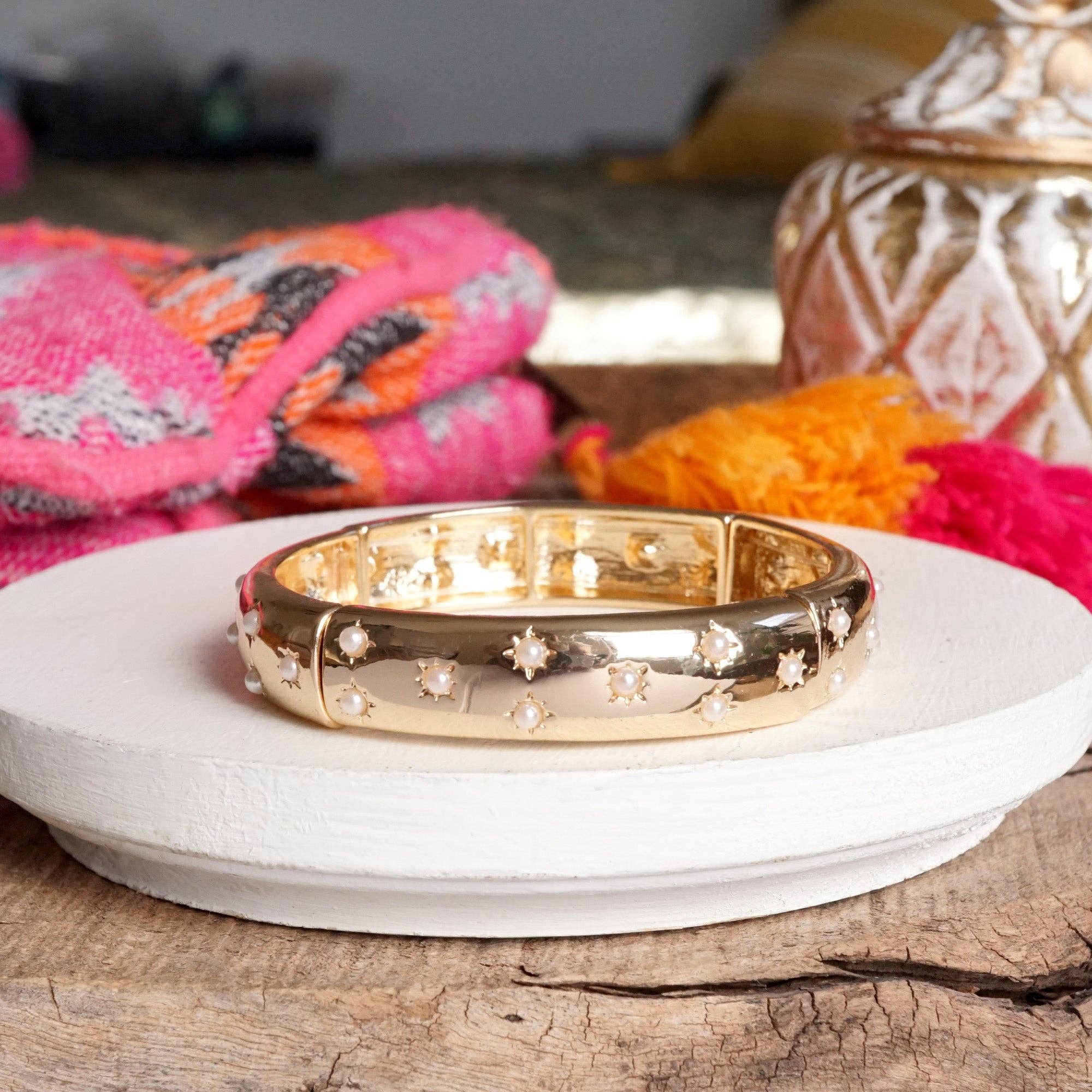 Gold-Tone Eternity Stretch Bangle – Pearls, Turquoise, or Crystals-Bracelets-PennyLine inc-Stuffology - Where Vintage Meets Modern, A Boutique for Real Women in Crosbyton, TX