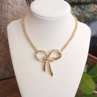 Large Rope Textured Bow Pendant Statement Necklace Silver Tone-Necklaces-PennyLine inc-Stuffology - Where Vintage Meets Modern, A Boutique for Real Women in Crosbyton, TX