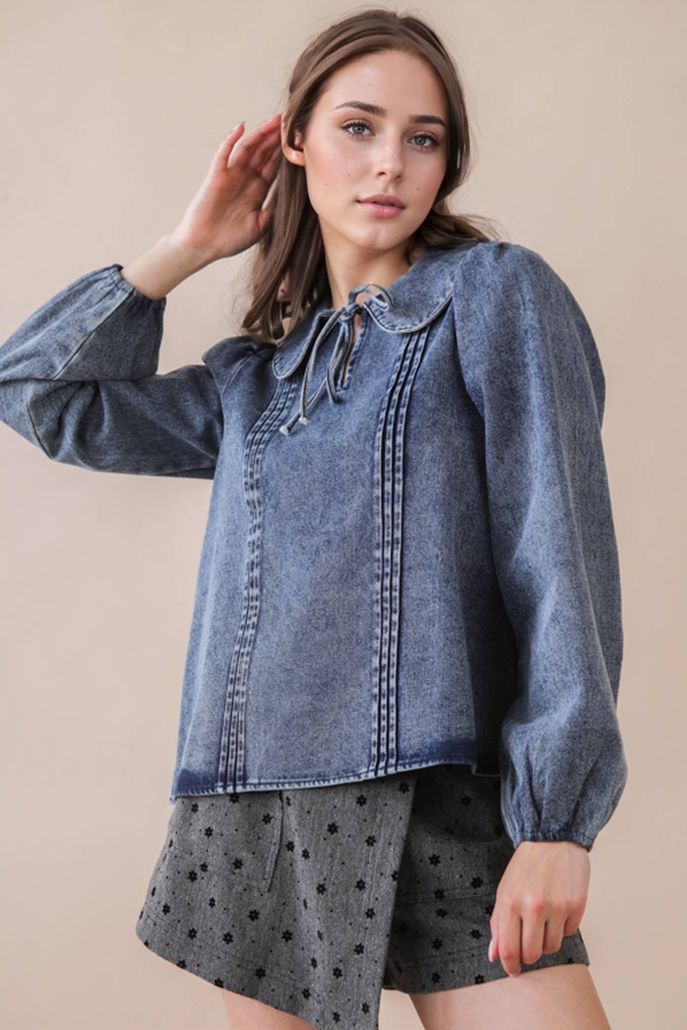 Mineral Washed Chambray Denim Blouse Top-Top-VERY J-Stuffology - Where Vintage Meets Modern, A Boutique for Real Women in Crosbyton, TX