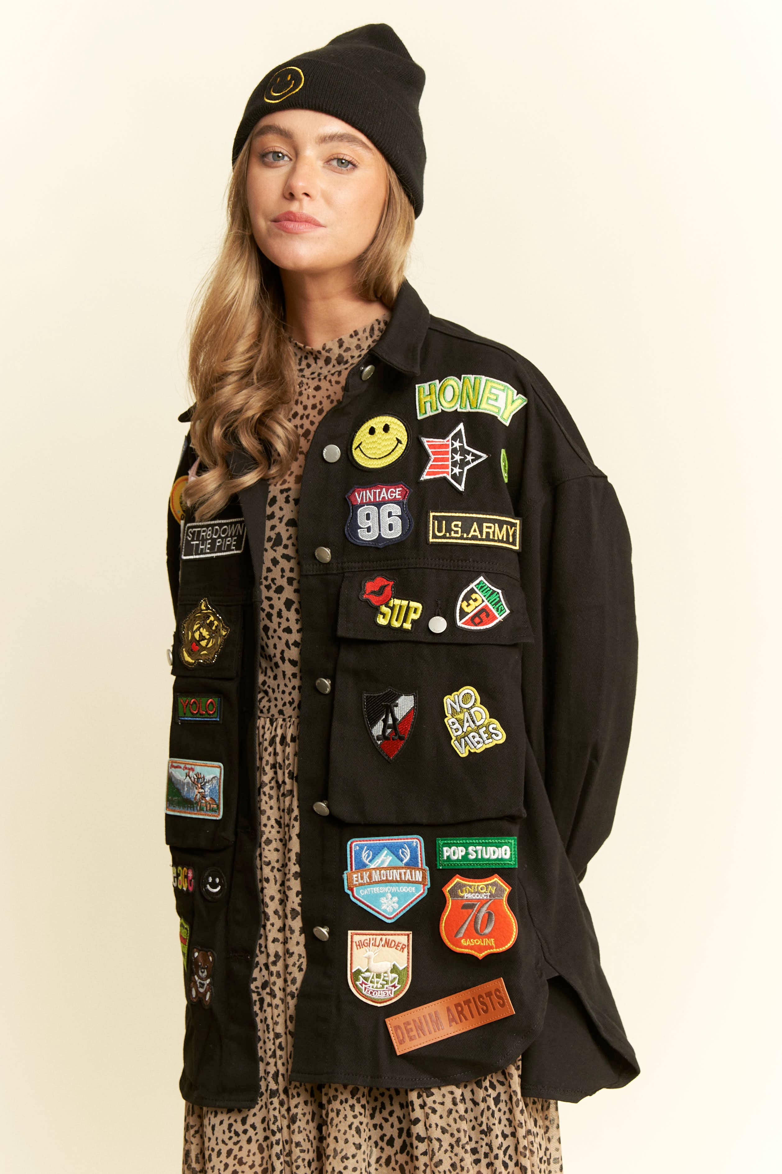 BLACK MULTI PATCH OVERSIZE JACKET-Jackets-JADE BY JANE-Stuffology - Where Vintage Meets Modern, A Boutique for Real Women in Crosbyton, TX