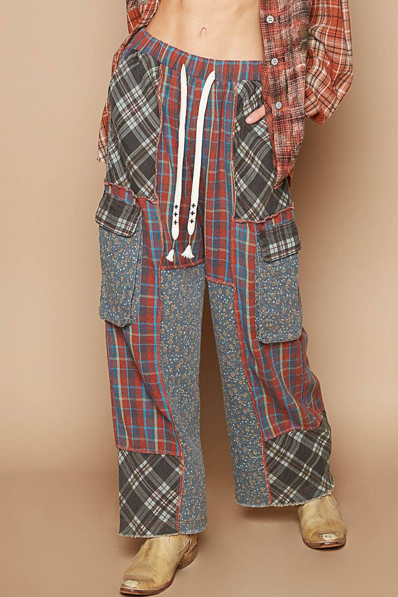 Wide Leg Elastic Waist Contrast Plaid Cargo Pockets Pants /Stuffology Boutique-Pants-Pol Clothing-Stuffology - Where Vintage Meets Modern, A Boutique for Real Women in Crosbyton, TX