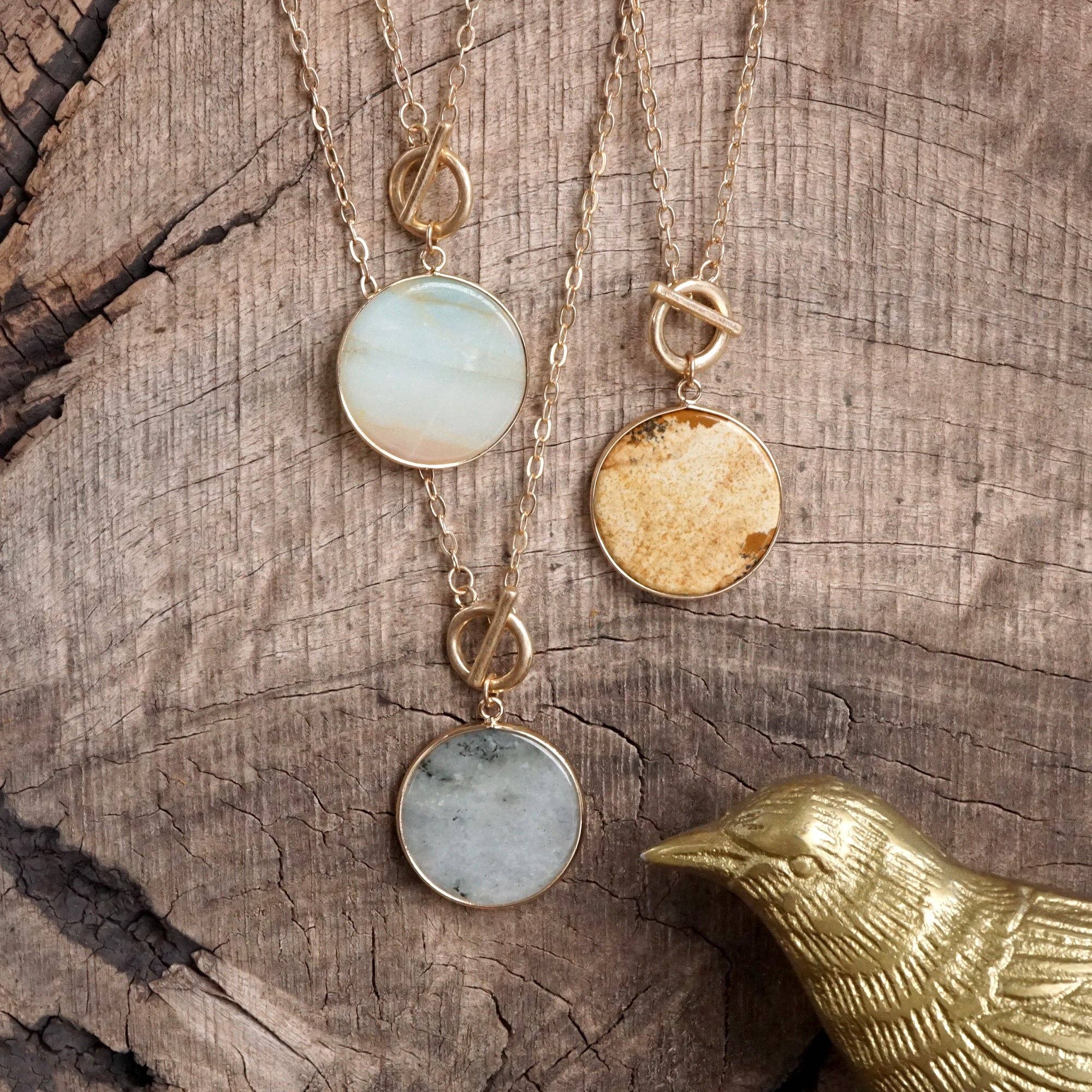 Semi-Precious Disc Pendant Front Toggle Chain Necklace-Necklaces-PennyLine inc-Stuffology - Where Vintage Meets Modern, A Boutique for Real Women in Crosbyton, TX
