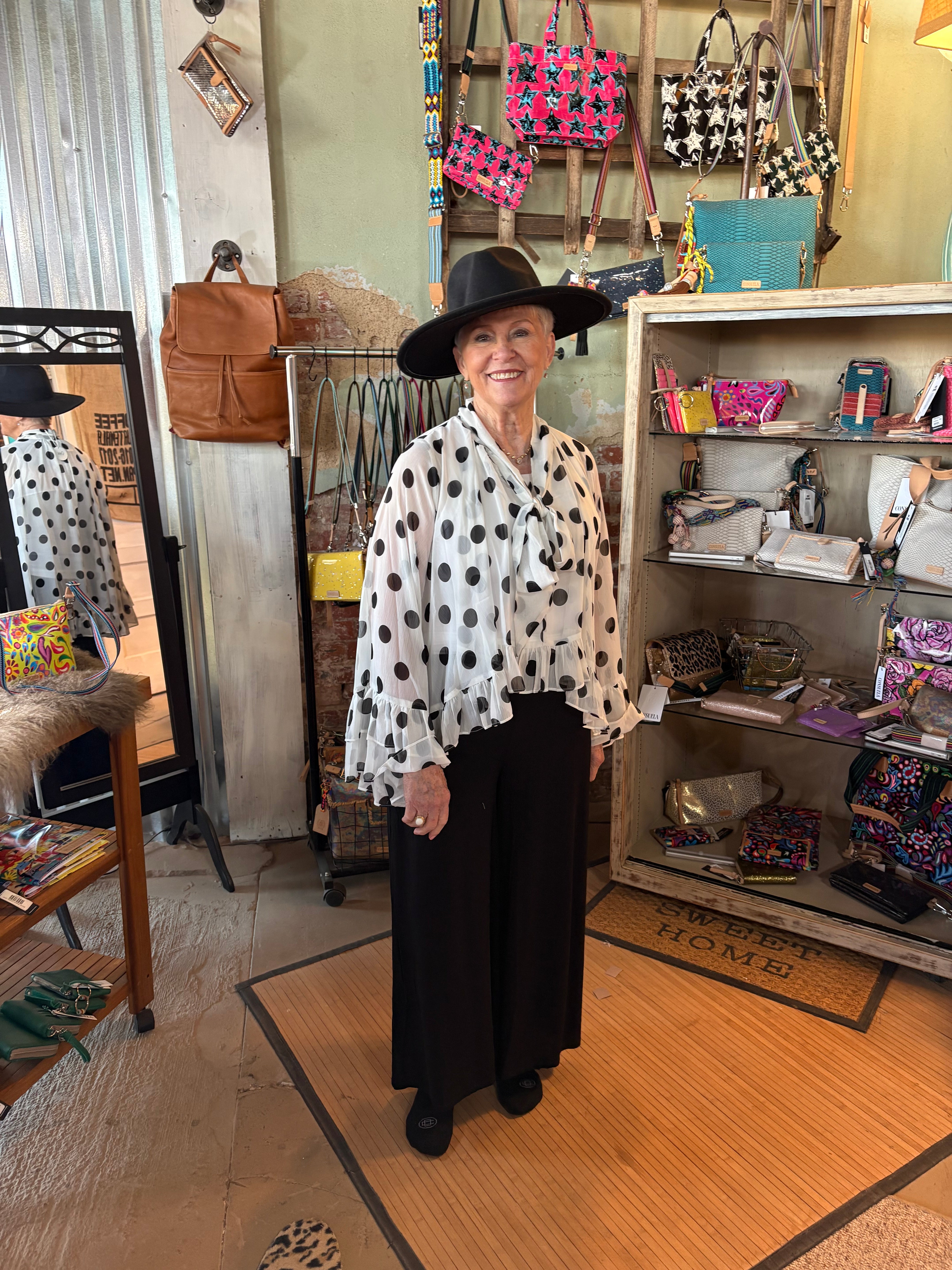 Polka Dot Sheer Chiffon Ruffle Blouse with Tie Neckline-Top-ODDI-Stuffology - Where Vintage Meets Modern, A Boutique for Real Women in Crosbyton, TX