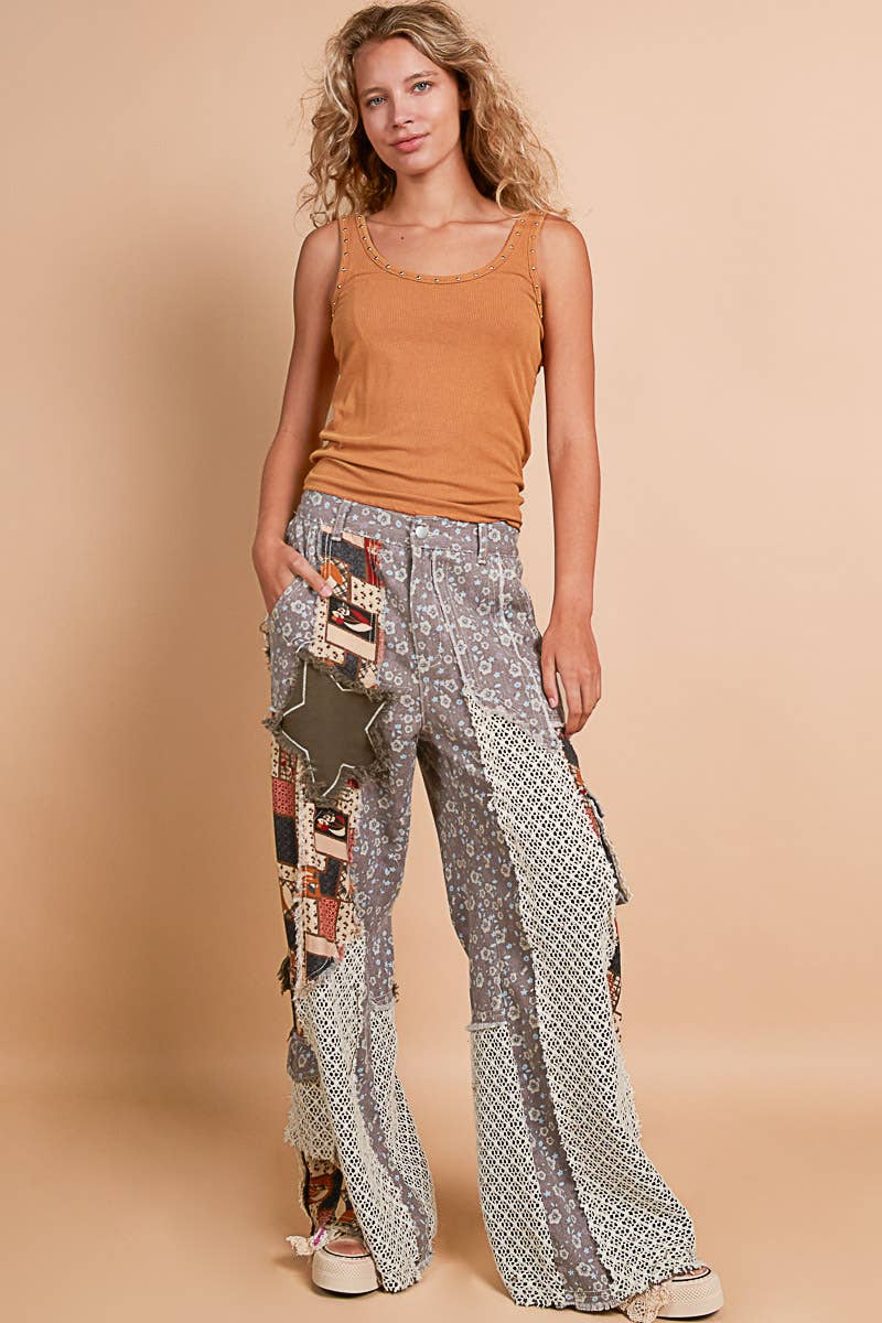 Printed Patchwork Star Detail Woven Twill Pants Jeans /Stuffology Boutique-Jeans-Pol Clothing-Stuffology - Where Vintage Meets Modern, A Boutique for Real Women in Crosbyton, TX