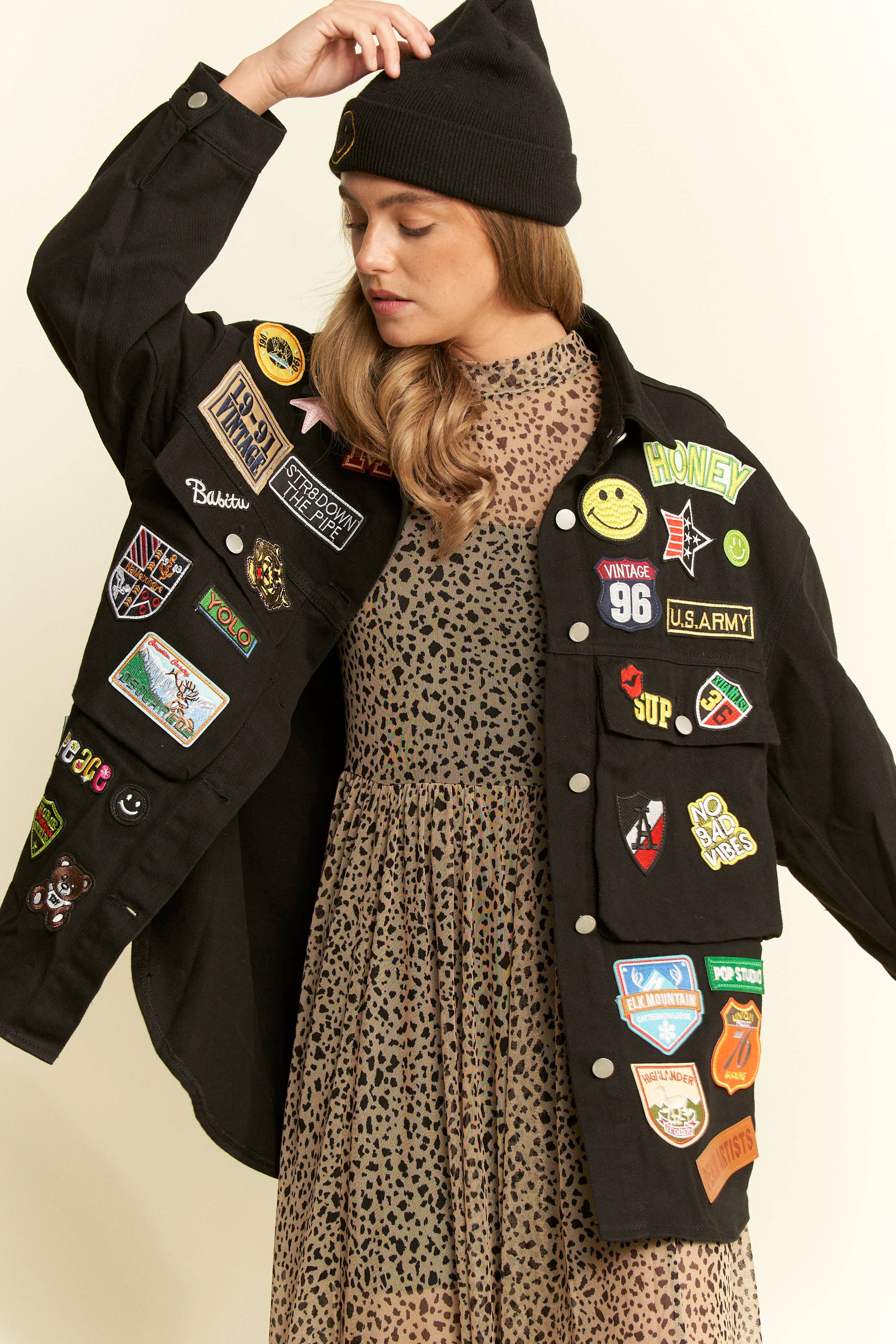 BLACK MULTI PATCH OVERSIZE JACKET-Jackets-JADE BY JANE-Stuffology - Where Vintage Meets Modern, A Boutique for Real Women in Crosbyton, TX