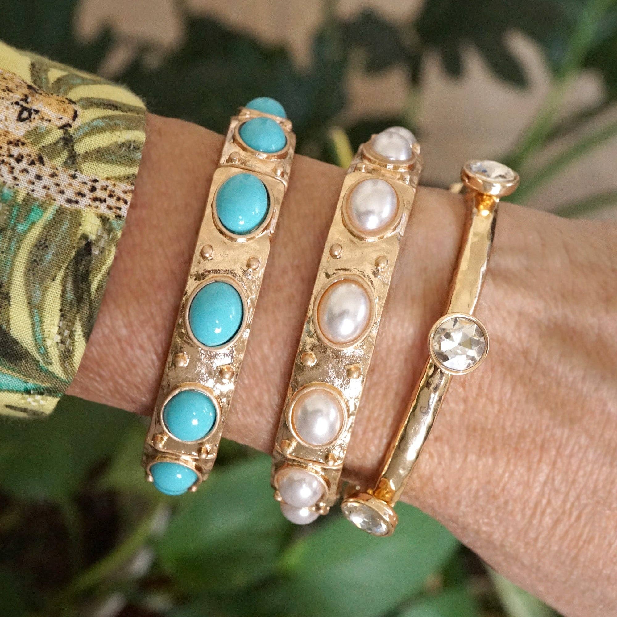 Classic Golden Stretchy Bangles – Pearl or Turquoise Accents-Bracelets-PennyLine inc-Stuffology - Where Vintage Meets Modern, A Boutique for Real Women in Crosbyton, TX