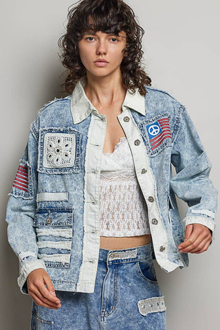 Americana Patchwork Denim Jacket-Denim Jacket-Pol Clothing-Stuffology - Where Vintage Meets Modern, A Boutique for Real Women in Crosbyton, TX