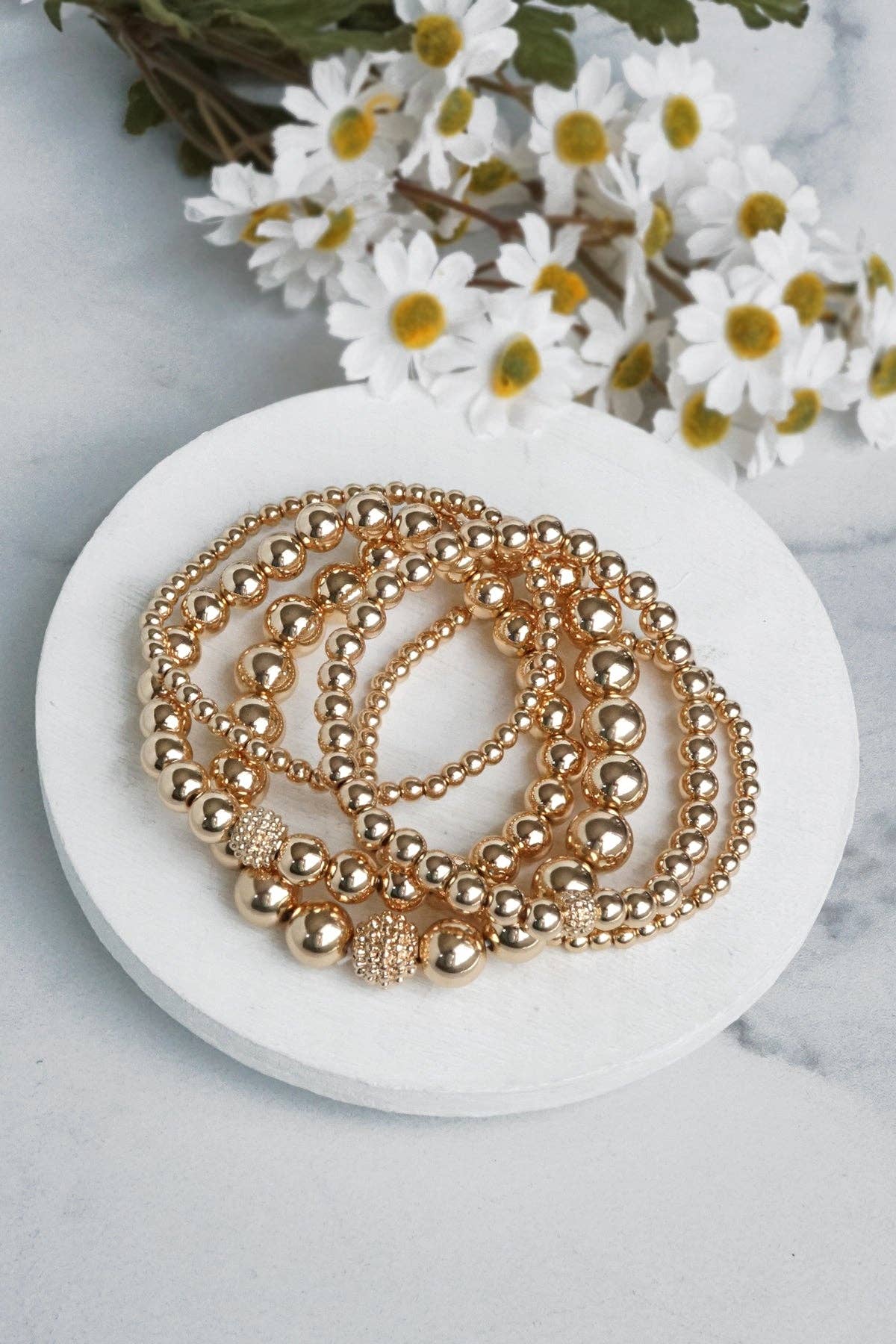 Multi size ball beaded bracelet stack Gold tone bracelet set-Bracelets-PennyLine inc-Stuffology - Where Vintage Meets Modern, A Boutique for Real Women in Crosbyton, TX