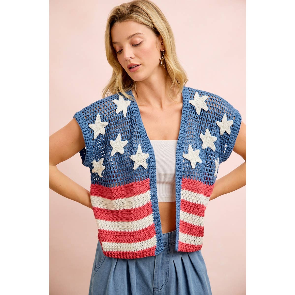 American Flag Short Sleeve Cardigan-vest-BiBi-Stuffology - Where Vintage Meets Modern, A Boutique for Real Women in Crosbyton, TX