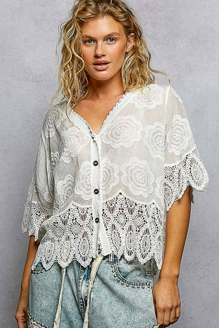 Crochet Trim Neckline Short Sleeve Jacket Top-Pol Clothing-Stuffology - Where Vintage Meets Modern, A Boutique for Real Women in Crosbyton, TX