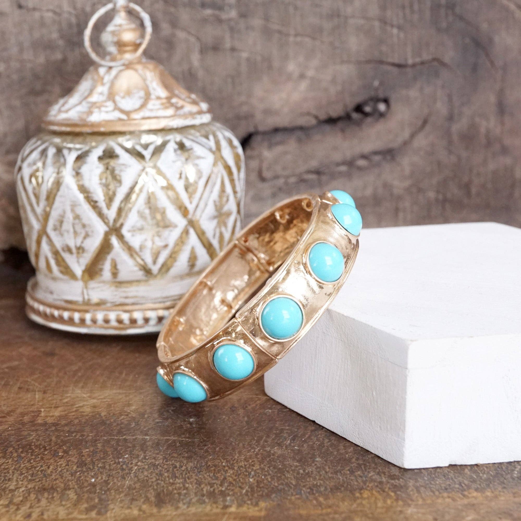 Eternity Statement Bangle Gold Tone Turquoise-Bracelets-PennyLine inc-Stuffology - Where Vintage Meets Modern, A Boutique for Real Women in Crosbyton, TX