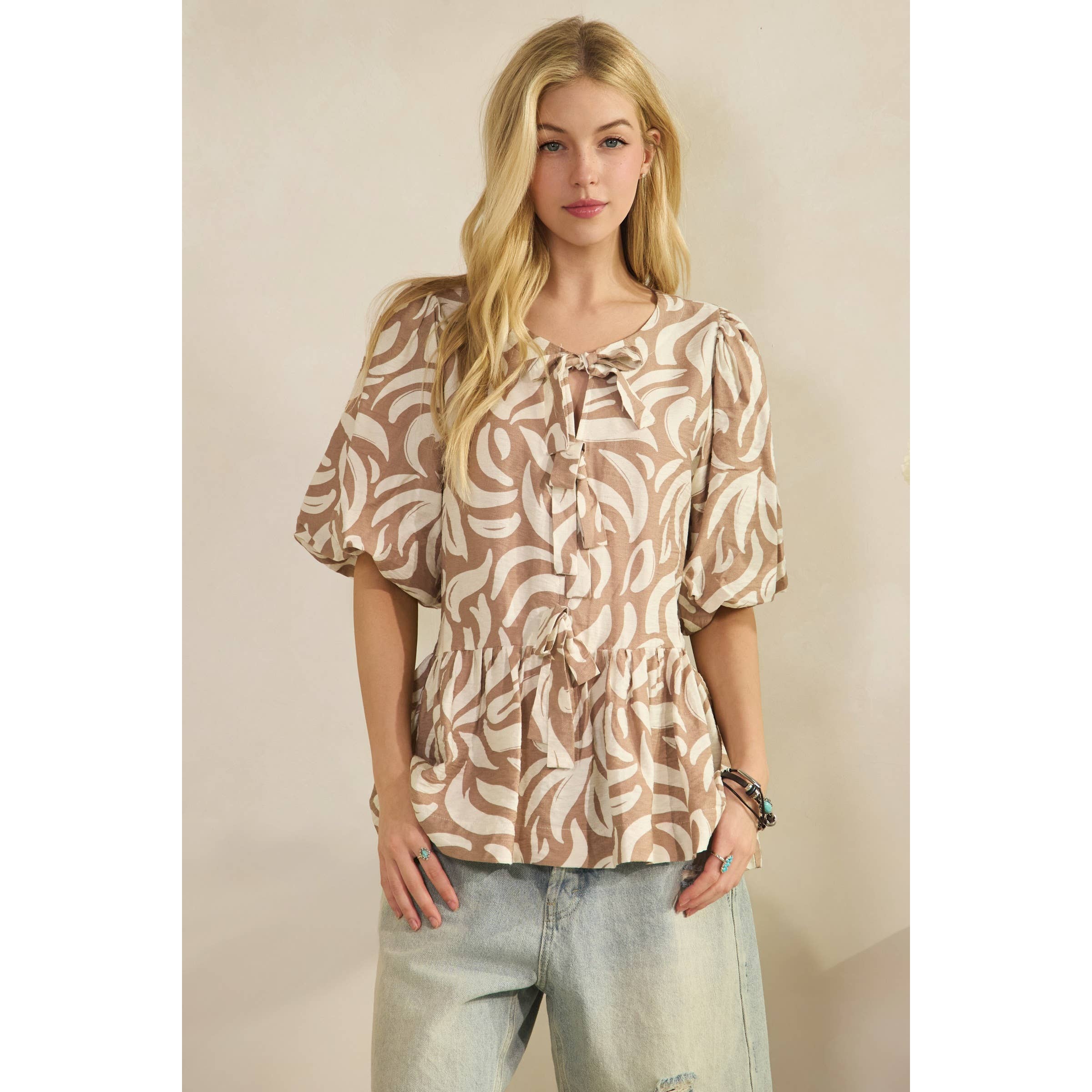 BOHO BOTANICAL TIE-FRONT TOP (ST7742)-Sage + Fig-Stuffology - Where Vintage Meets Modern, A Boutique for Real Women in Crosbyton, TX