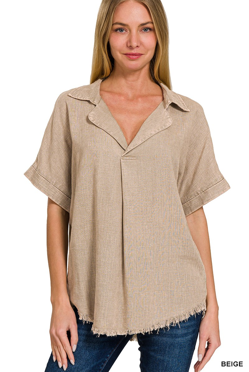 WASHED LINEN RAW EDGE V-NECK TOP / STUFFOLOGY BOUTIQUE-Top-Zenana-Stuffology - Where Vintage Meets Modern, A Boutique for Real Women in Crosbyton, TX