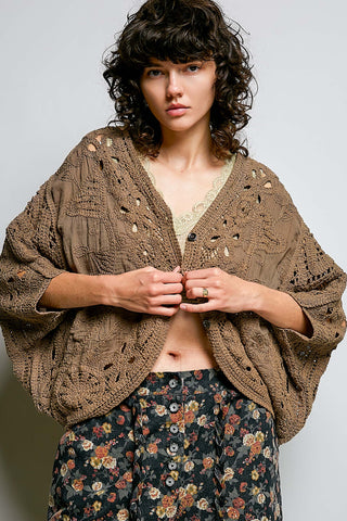 Batwing Sleeve Button Down Solid Crochet Cardigan Top-Pol Clothing-Stuffology - Where Vintage Meets Modern, A Boutique for Real Women in Crosbyton, TX