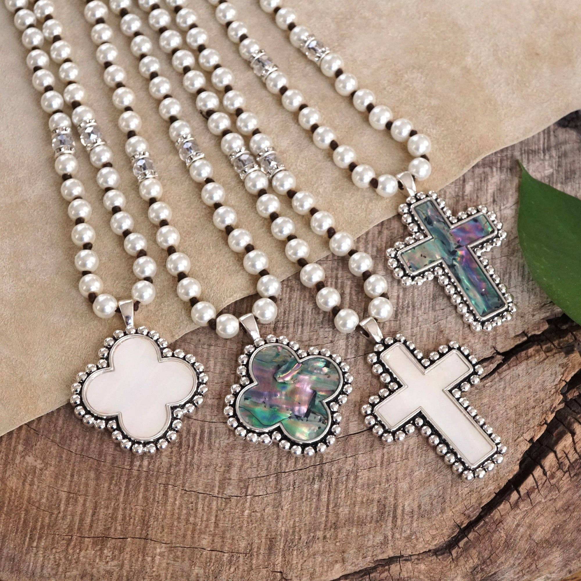 Pearlized beads Necklace with Cross and Clover pendant Mother of Pearl Abalone-PennyLine inc-Stuffology - Where Vintage Meets Modern, A Boutique for Real Women in Crosbyton, TX