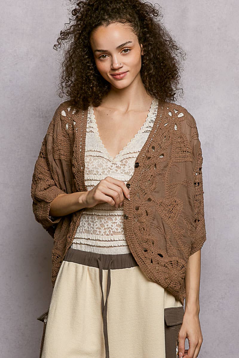 Batwing Sleeve Button Down Solid Crochet Cardigan Top-Pol Clothing-Stuffology - Where Vintage Meets Modern, A Boutique for Real Women in Crosbyton, TX