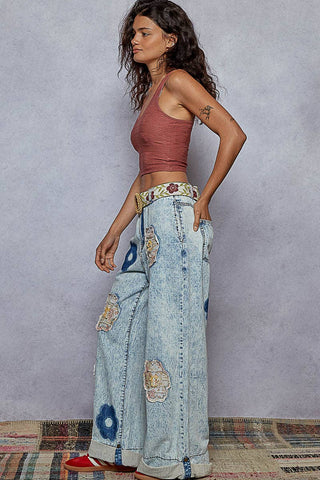Floral Patchwork Rolled-up Denim Straight Pants-Jeans-Pol Clothing-Stuffology - Where Vintage Meets Modern, A Boutique for Real Women in Crosbyton, TX