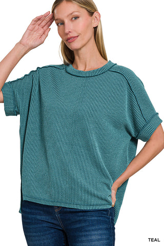 Short Sleeve Ribbed Round Neck Top-Tops-Zenana-Stuffology - Where Vintage Meets Modern, A Boutique for Real Women in Crosbyton, TX