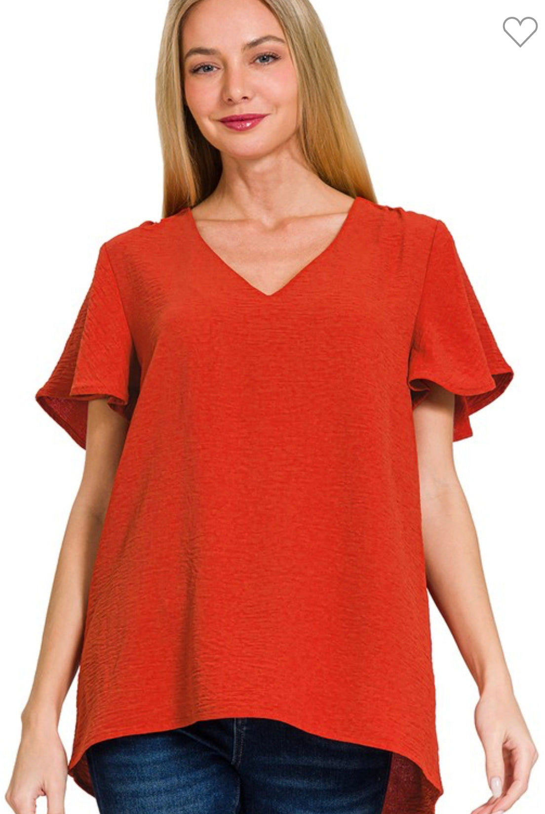 TOMATO RED WOVEN AIRFLOW FLUTTER SLEEVE TOP / STUFFOLOGY BOUTIQUE-Top-Zenana-Stuffology - Where Vintage Meets Modern, A Boutique for Real Women in Crosbyton, TX