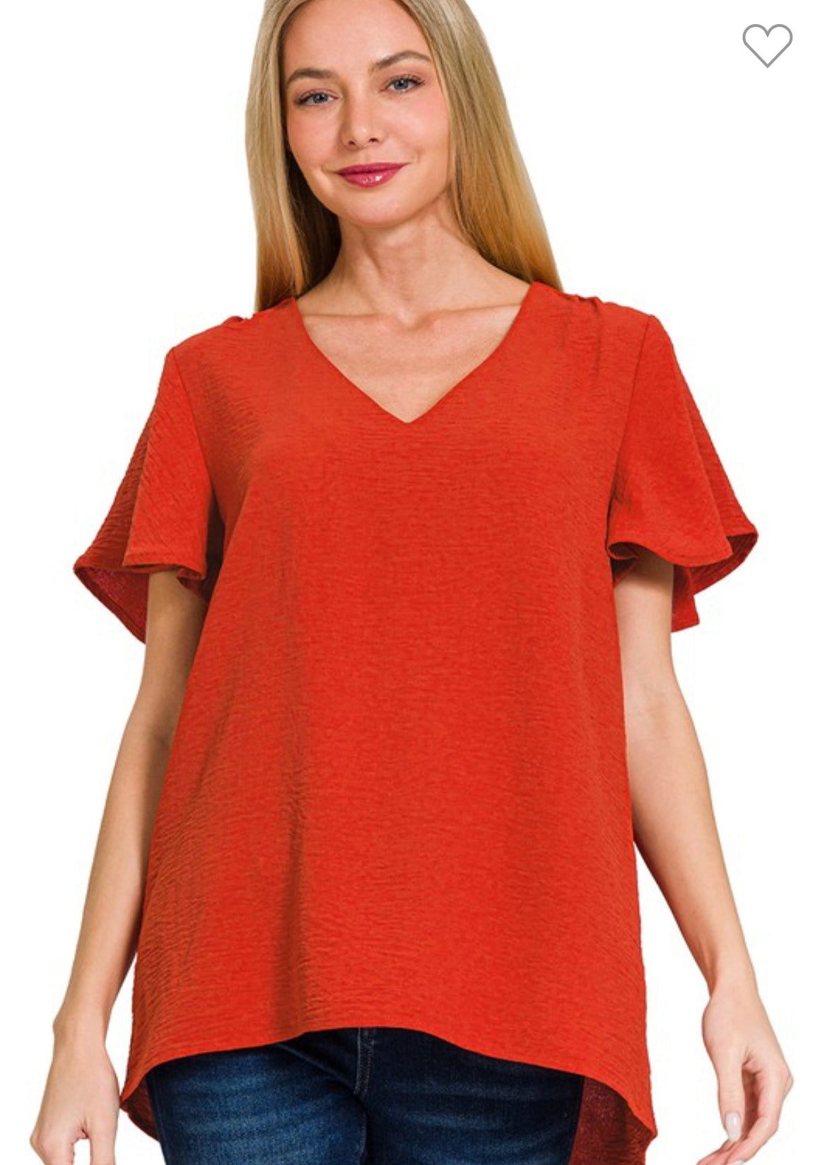 TOMATO RED WOVEN AIRFLOW FLUTTER SLEEVE TOP / STUFFOLOGY BOUTIQUE-Top-Zenana-Stuffology - Where Vintage Meets Modern, A Boutique for Real Women in Crosbyton, TX