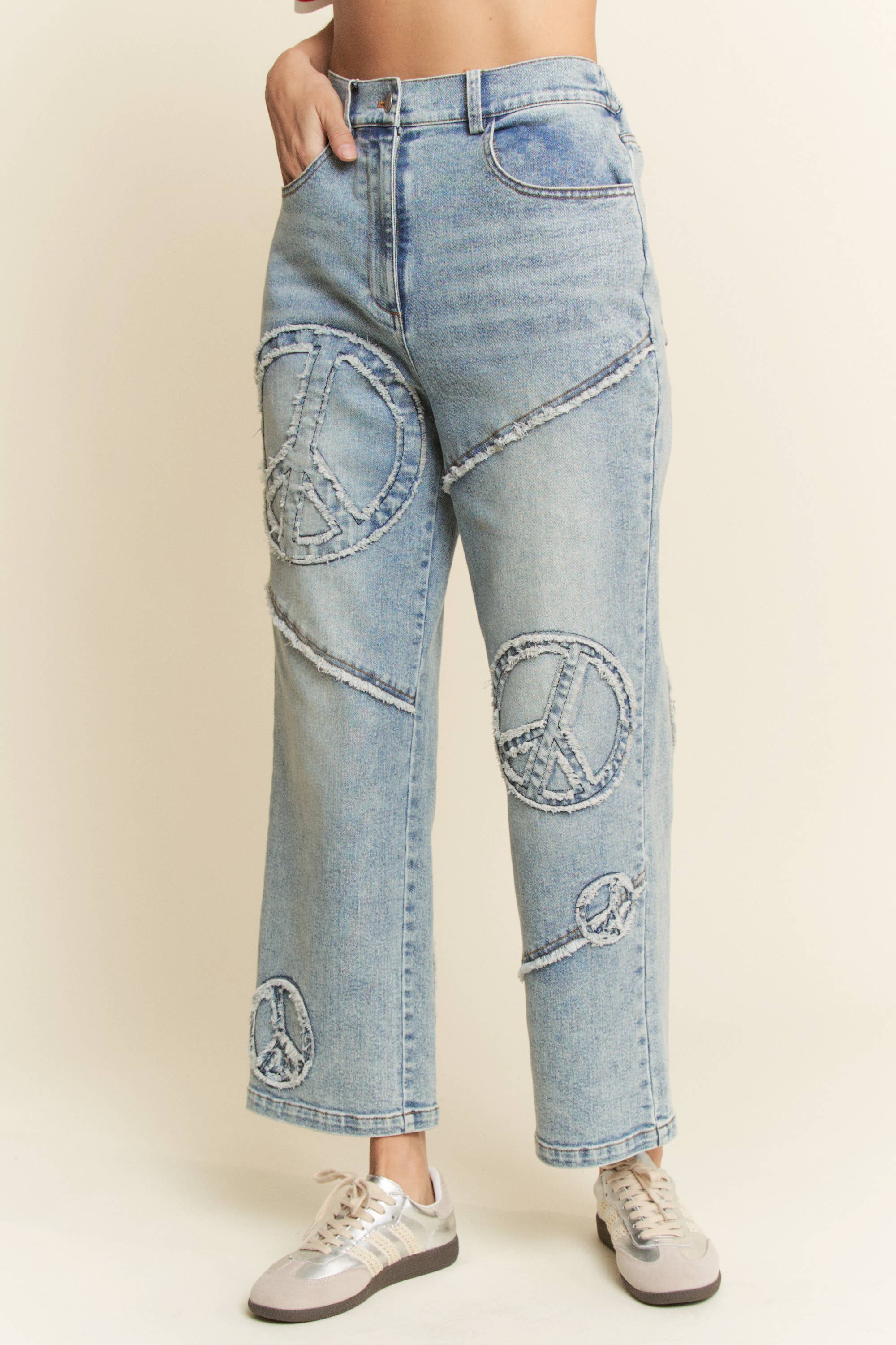 PEACE SIGN DENIM STRAIGHT FIT WITH SLIGHTLY STRETCH JEANS-Jeans-Davi & Dani-Stuffology - Where Vintage Meets Modern, A Boutique for Real Women in Crosbyton, TX