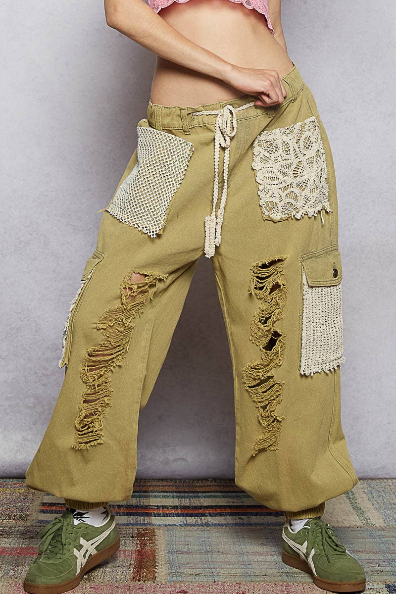Olive Vintage Wash Crochet Patch Distressed Jogger Pants-Pants-Pol Clothing-Stuffology - Where Vintage Meets Modern, A Boutique for Real Women in Crosbyton, TX
