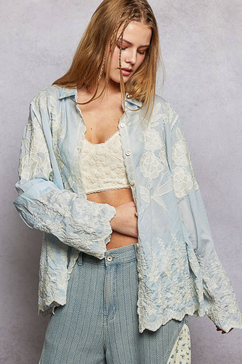 Long Sleeve Embroidered Scalloped Edge Shirt Top-Pol Clothing-Stuffology - Where Vintage Meets Modern, A Boutique for Real Women in Crosbyton, TX