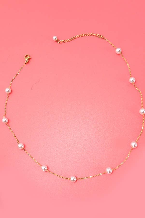 TITANIUM STEEL NON-TARNISH PEARL STATION NECKLACE | 40NK334-Necklaces-JOSSLYN by wall to wall-Stuffology - Where Vintage Meets Modern, A Boutique for Real Women in Crosbyton, TX