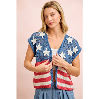 American Flag Short Sleeve Cardigan-Cardigan-BiBi-Stuffology - Where Vintage Meets Modern, A Boutique for Real Women in Crosbyton, TX