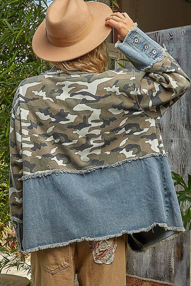 V-neck long sleeve crochet patch printed twill woven jacket-Jackets-Pol Clothing-Stuffology - Where Vintage Meets Modern, A Boutique for Real Women in Crosbyton, TX