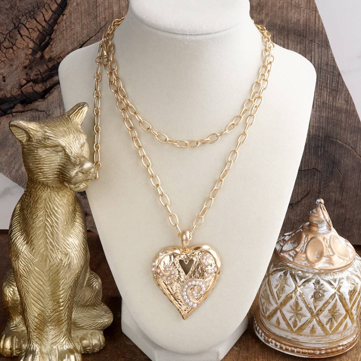 Heartbound Muse – Long Heart Necklace in Gold & Pearls-necklace-PennyLine inc-Stuffology - Where Vintage Meets Modern, A Boutique for Real Women in Crosbyton, TX