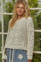 Round neck open knitted crochet solid sweater-Sweaters-Pol Clothing-Stuffology - Where Vintage Meets Modern, A Boutique for Real Women in Crosbyton, TX
