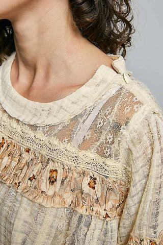 Lace Panel Detail Floral Ruffle 3/4 Sleeve Rib Knit Top-Pol Clothing-Stuffology - Where Vintage Meets Modern, A Boutique for Real Women in Crosbyton, TX