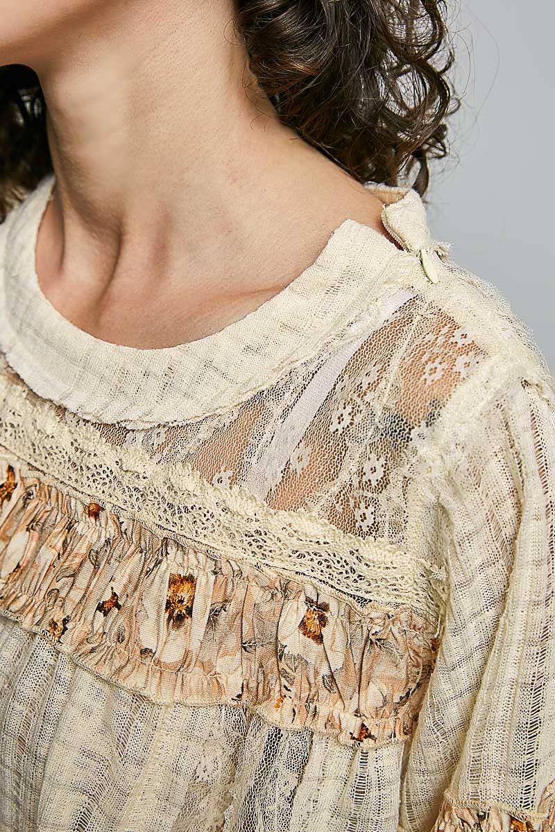 Lace Panel Detail Floral Ruffle 3/4 Sleeve Rib Knit Top-Pol Clothing-Stuffology - Where Vintage Meets Modern, A Boutique for Real Women in Crosbyton, TX